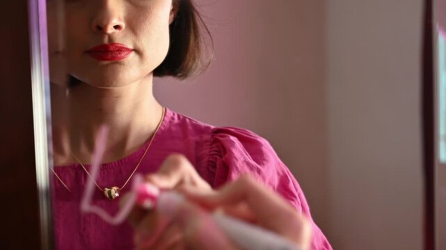 Love note on the mirror. A girl writes the phrase &ldquo;love always&rdquo; on a mirror and then erases it while laughing.