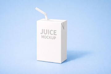 Minimalistic Juice Carton with Straw on Blue Background - High-Quality Mockup
