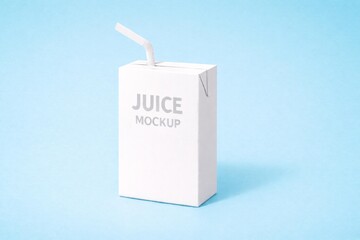 Minimalistic Juice Pack Carton with Straw on Blue Background Mockup