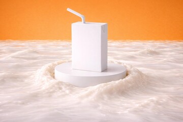 Minimalistic Juice Pack Carton with Straw on Creamy Background