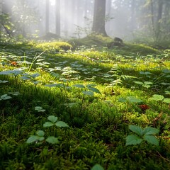 Sunlight streams through dense foliage illuminating vibrant green moss and small saplings on a forest floor.