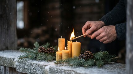 Close-up of hands lighting warm beeswax candles on a snowy stone ledge decorated with festive evergreen branches and pinecones, evoking a cozy winter holiday spirit and natural outdoor tradition