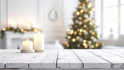 A blurred Christmas scene features a lit tree, candles, fireplace, and rustic white table