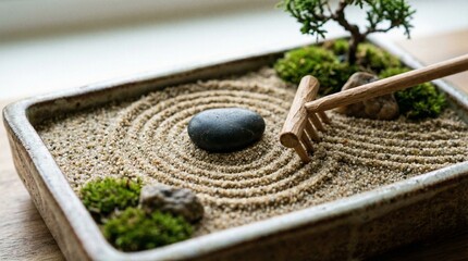 Miniature Zen sand garden with rake, stones and bonsai tree