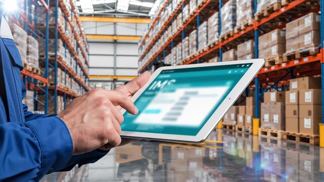A warehouse worker using a tablet computer to manage inventory and logistics operations