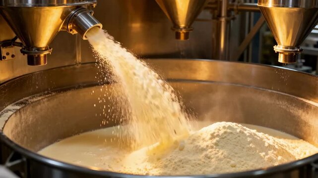 Closeup medium view inside industrial spray drying tower showing skim milk droplets evaporating rapidly to form light lowfat milk powder.