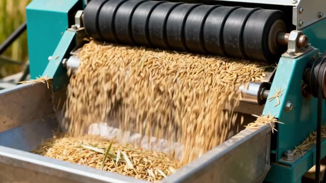 Compact rubber roll sheller in action captured midframe focusing on the smooth flow of paddy through the machine and immediate separation of husks with minimal waste.