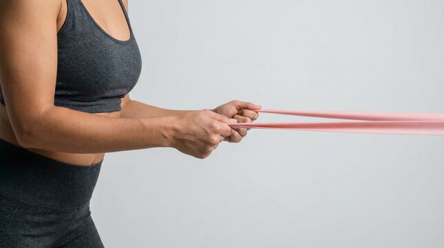 Woman exercising with pink resistance band in fitness studio - Powered by Adobe