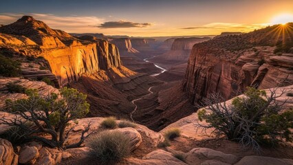 Epic canyon panorama at sunset with glowing cliffs, winding river far below, desert shrubs on the rim and dramatic golden light across the sky

