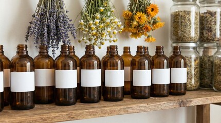 Amber Glass Apothecary Bottles with Blank Labels and Dried Herbs