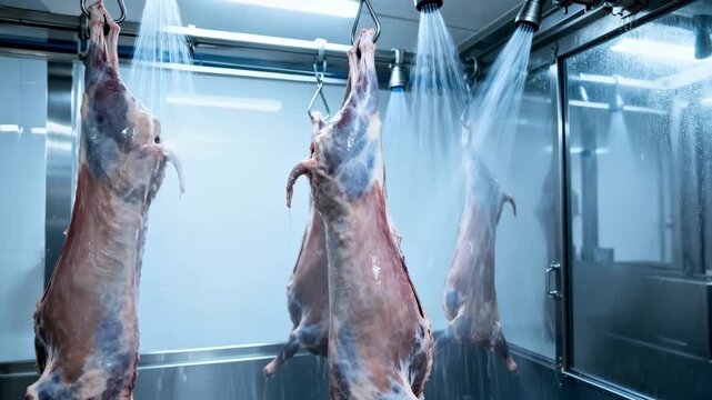 Detailed medium frame capturing highpressure water streams inside spray cabinets as carcasses undergo hygienic washing prior to refrigeration in a modern facility.
