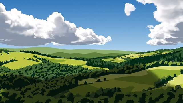 Animated cartoon landscape of rolling green hills under a bright blue sky animation