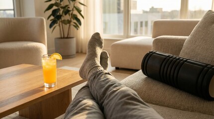 Person Relaxing at Home After Workout with Foam Roller and Juice