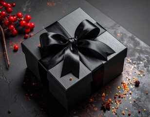 Matte black gift box with a shiny black ribbon, festive red berries, and speckled festive ornaments