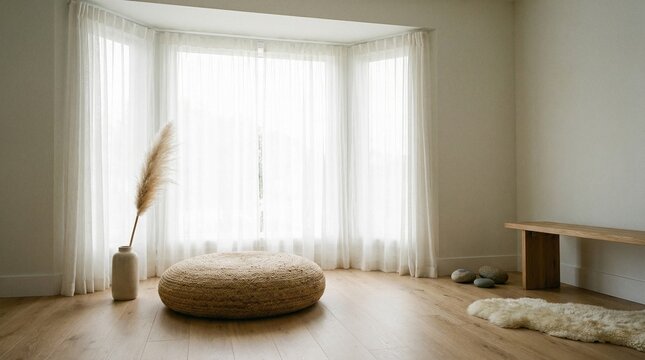 Minimalist Zen Meditation Room with Natural Light and Jute Ottoman