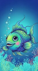 Cute colorful cartoon fish swims above vibrant coral reef with rising air bubbles