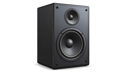 Fototapeta premium Matte black speaker with dual drivers showcased against a white background, creating a crisp, high-contrast image