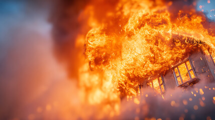 Naklejka premium An intense fire engulfs a house, showcasing flames and smoke as they rise dramatically into the sky.