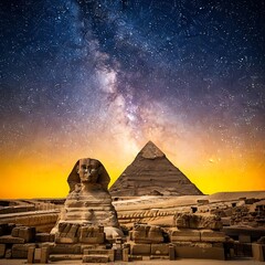 Monumental ancient sculpture and pyramid stand beneath a vibrant celestial night sky