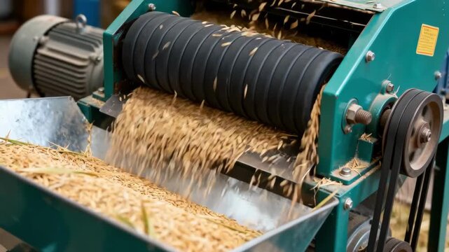 Compact rubber roll sheller in action captured midframe focusing on the smooth flow of paddy through the machine and immediate separation of husks with minimal waste.