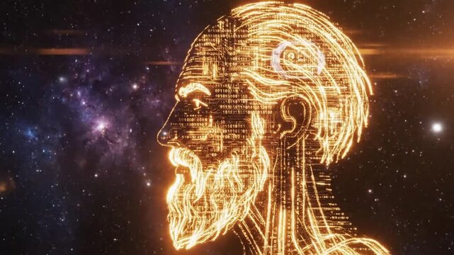 Futuristic Human Head with Neon Circuitry in Cosmic Space with Vibrant Orange Glow in Digital Art Style for Technology