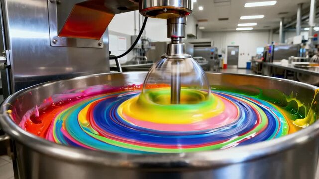 Closeup of colored fondant syrup in a large mechanical beaters machine blending vibrant hues into a silky homogenous texture in a modern factory setting.