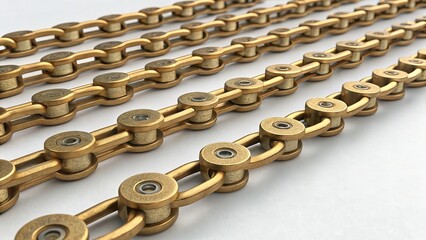 Four parallel rows of bronze colored bicycle drive chains