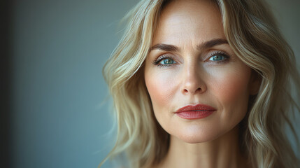 Naklejka premium Captivating portrait of a woman with wavy blonde hair and striking blue eyes, radiating confidence and beauty in natural light.