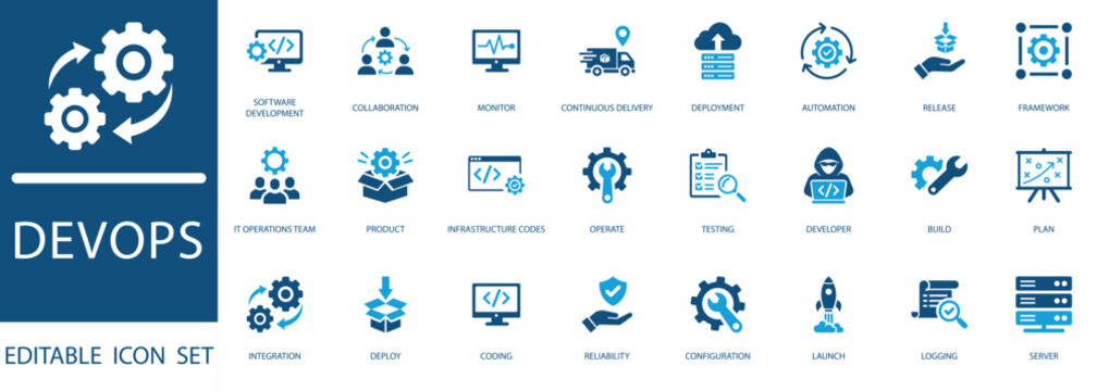DevOps icon set .featuring software development, automation, cloud computing, coding, and infrastructure as code icons for web and app design.