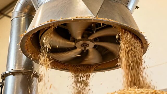 Cyclone dust separator in medium shot showcasing rotary airflow efficiently removing chaff and particulate from grain milling emissions.