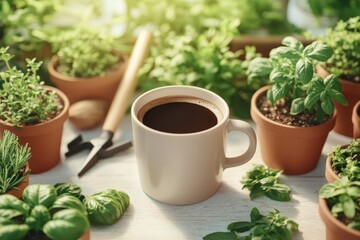 Invigorating coffee break enjoyed in vibrant home herb garden, creating peaceful and tranquil morning scene with fresh green plants and natural daylight.