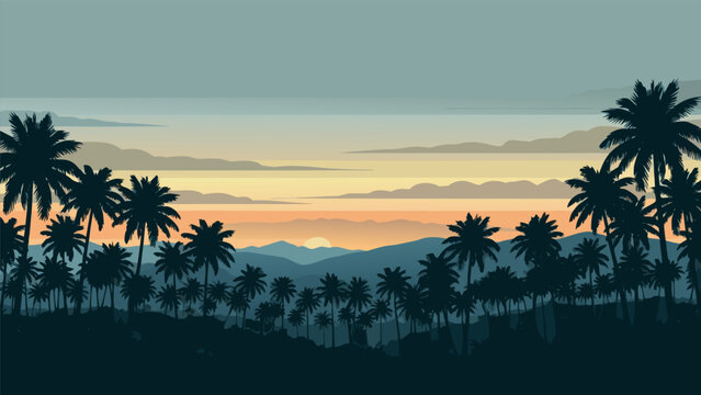 Vector illustration of a serene tropical island landscape at sunset with silhouetted palm trees and misty mountains in the background