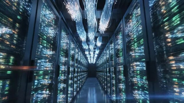 Data Center Servers in Futuristic Dark Blue Neon Lighting with Blurred Motion for Technology Background