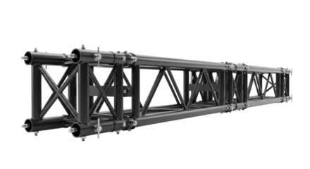 Heavy-duty modular black aluminum stage truss segment with industrial x-bracing and exposed hex bolts, isolated on brilliant white high-key background. concept of advanced structural engineering