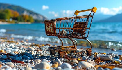Rusty shopping cart on pebble lake shore