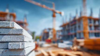 Naklejka premium Close-up of construction materials stacked at a building site, showcasing the progress of urban development and modern architecture.