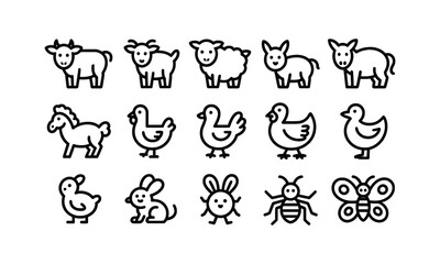 Animal icons set with cartoon vector illustrations of various animals
