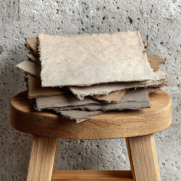 A collection of artisanal handmade paper sheets with raw deckled edges rests atop a wooden stool, bathed in soft light against a rugged stone wall backdrop.