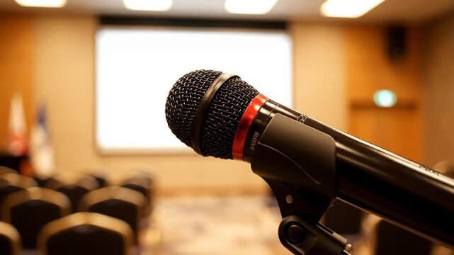 Microphone in conference room with projector screen in background