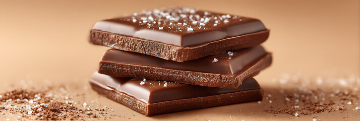 Decadent stack of silky dark chocolate squares topped with shimmering sea salt crystals, captured in a warm, sophisticated studio setting with a soft bokeh effect.