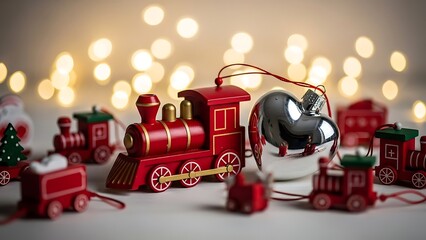 A collection of festive red wooden toy trains and ornaments for Christmas celebrations