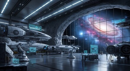 Advanced spacecraft assembly facility overlooks a vibrant spiral galaxy through a massive viewport