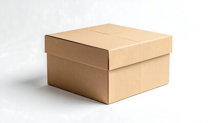 Fototapeta premium Plain brown corrugated box with lid on a white surface, casting a soft shadow from the overhead light