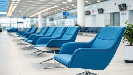 Row of modern blue waiting area chairs in airport terminal