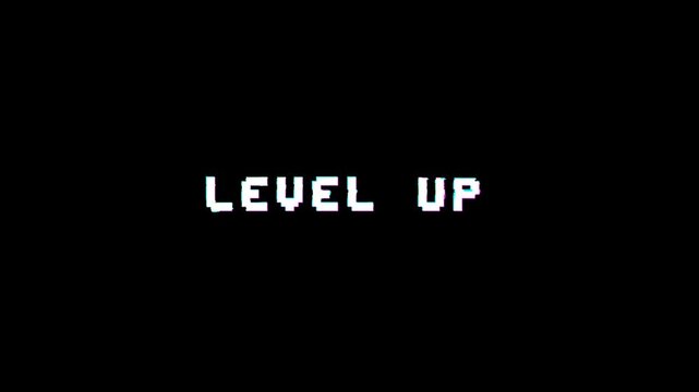 Level Up Text Looping Glitch Animation. 4K Pixel Font Gaming Overlay with Alpha Channel