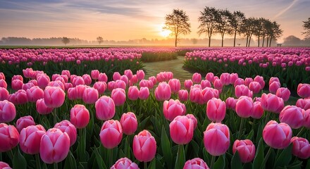 Vast expanse of vibrant pink tulips blossoms under a warm sunrise sky