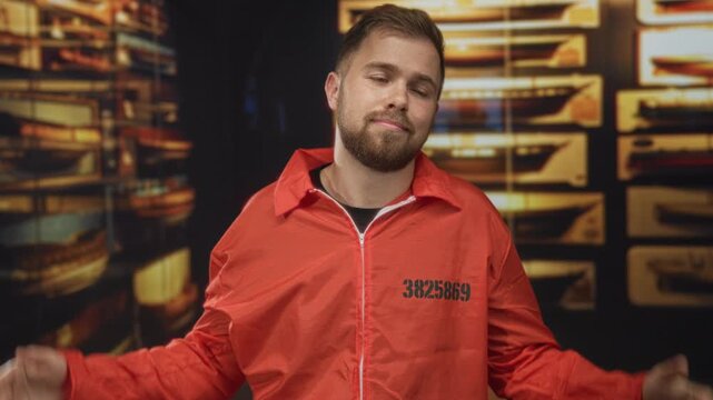 Man in orange jumpsuit with stenciled inmate number shrugs in a building museum exhibit, hands open in a casual gesture; absurd indifference.