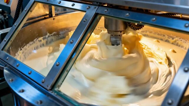 Close medium shot of butter making process highlighting the mechanical motion and transformation inside a horizontal churn chamber.