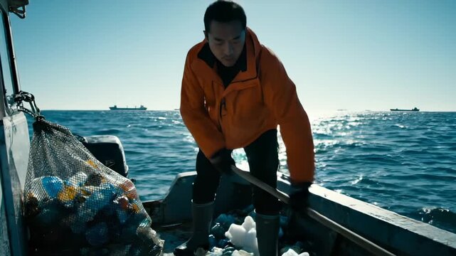 Man collects plastic garbage from ocean on fishing boat. Volunteer cleans plastic waste from polluted sea water. Plastic garbage fills net bag on boat. Ocean pollution cleanup by man on boat.