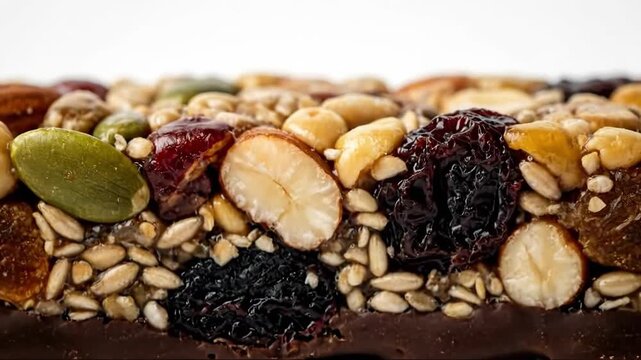 Closeup progression of a nut and seed bar with dried fruits on white background